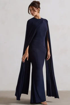 Magdelena | Navy Asymmetric Cape Maxi Dress