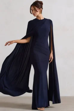 Magdelena | Navy Asymmetric Cape Maxi Dress