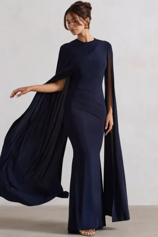 Magdelena | Navy Asymmetric Cape Maxi Dress