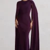Magdelena | Plum Asymmetric Cape Maxi Dress
