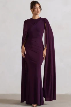 Magdelena | Plum Asymmetric Cape Maxi Dress
