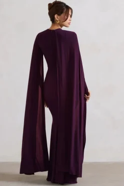 Magdelena | Plum Asymmetric Cape Maxi Dress