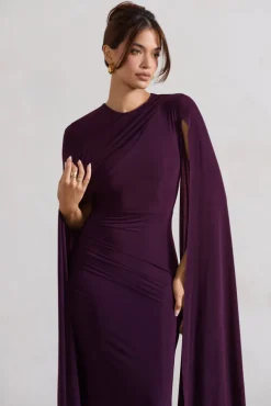 Magdelena | Plum Asymmetric Cape Maxi Dress