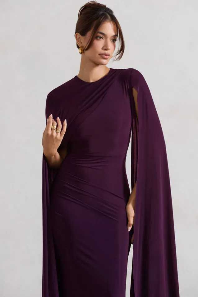 Magdelena | Plum Asymmetric Cape Maxi Dress