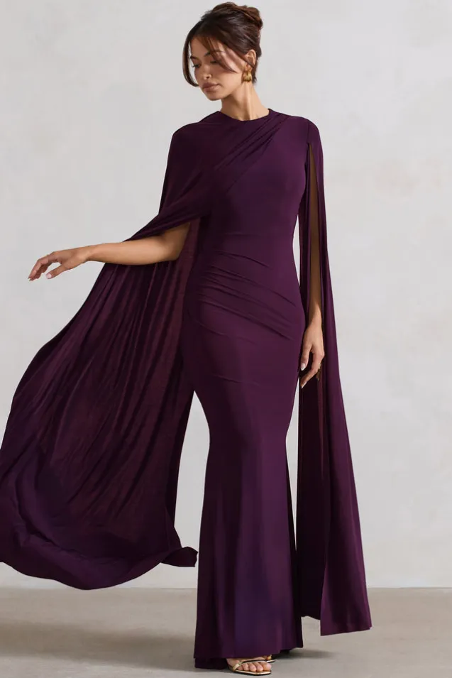 Magdelena | Plum Asymmetric Cape Maxi Dress