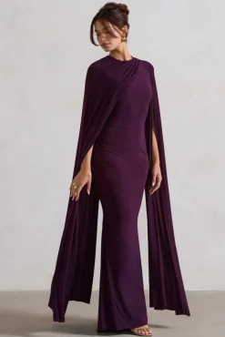 Magdelena | Plum Asymmetric Cape Maxi Dress