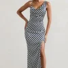 Magnetic | Navy Wave Print Cowl-Neck Split Maxi Dress