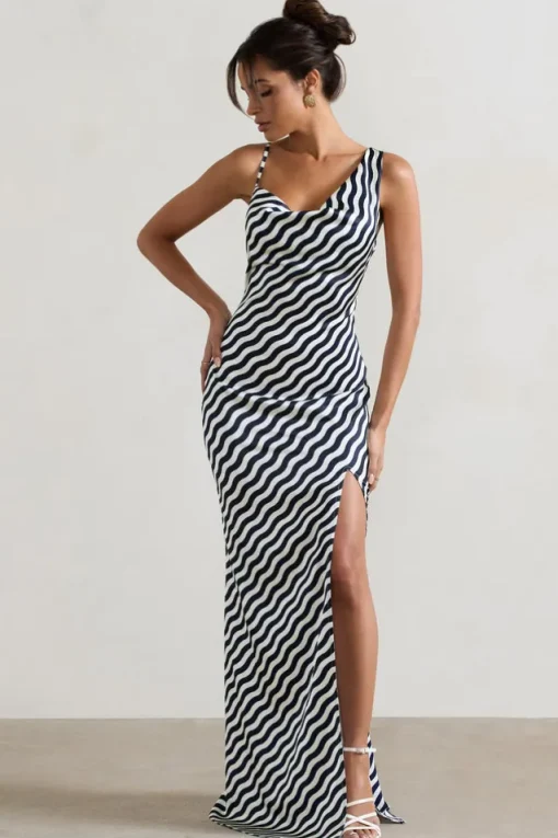 Magnetic | Navy Wave Print Cowl-Neck Split Maxi Dress