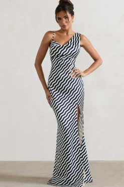 Magnetic | Navy Wave Print Cowl-Neck Split Maxi Dress