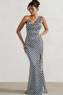 Magnetic | Navy Wave Print Cowl-Neck Split Maxi Dress