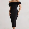 Maiden | Black Lace Bardot Midi Dress With Feather Trim