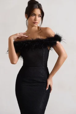 Maiden | Black Lace Bardot Midi Dress With Feather Trim