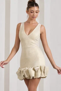 Main Present | Gold Glittered V-Neck Mini Dress With Ruffle Trim