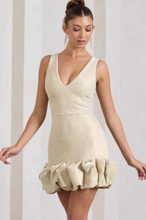 Main Present | Gold Glittered V-Neck Mini Dress With Ruffle Trim