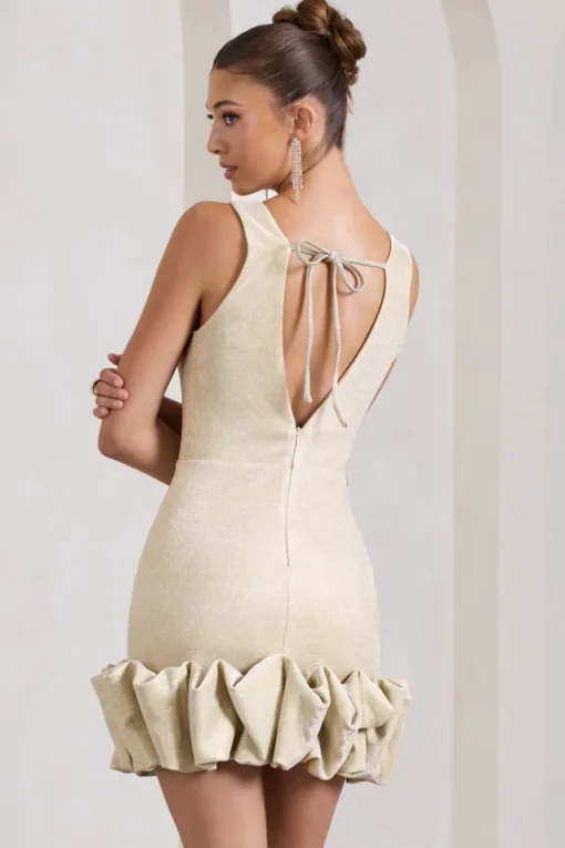 Main Present | Gold Glittered V-Neck Mini Dress With Ruffle Trim