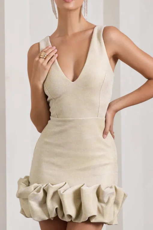 Main Present | Gold Glittered V-Neck Mini Dress With Ruffle Trim