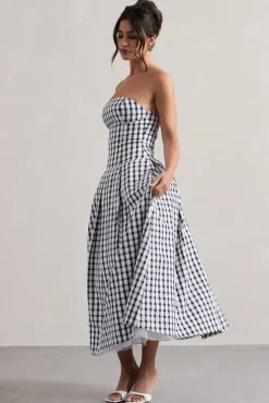 Maisy | Black u0026 White Gingham Strapless Maxi Dress