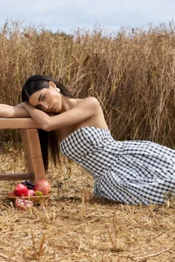 Maisy | Black u0026 White Gingham Strapless Maxi Dress