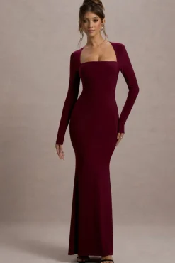Maja | Burgundy Square-Neck Long-Sleeve Maxi Dress