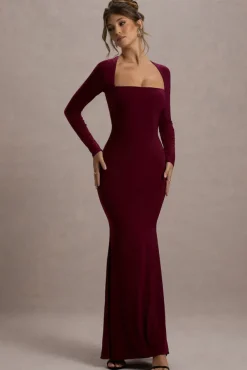 Maja | Burgundy Square-Neck Long-Sleeve Maxi Dress