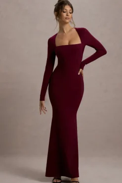 Maja | Burgundy Square-Neck Long-Sleeve Maxi Dress
