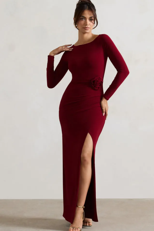 Makayla | Berry Long-Sleeve Wrap Maxi Dress With Corsages