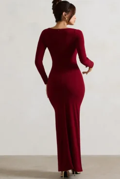 Makayla | Berry Long-Sleeve Wrap Maxi Dress With Corsages