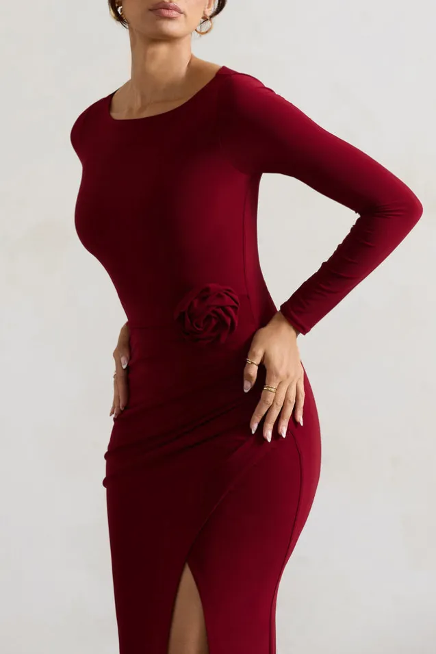 Makayla | Berry Long-Sleeve Wrap Maxi Dress With Corsages