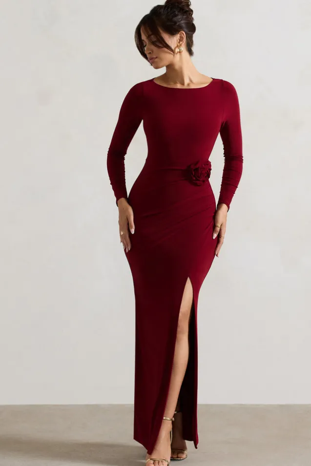 Makayla | Berry Long-Sleeve Wrap Maxi Dress With Corsages