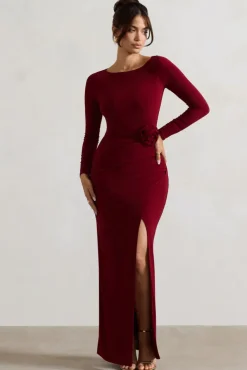 Makayla | Berry Long-Sleeve Wrap Maxi Dress With Corsages