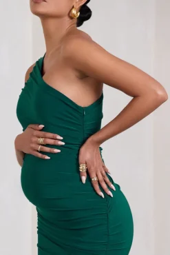 Make My Day | Bottle Green One-Shoulder Ruched Split Maternity Maxi Dress