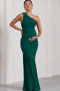 Make My Day | Bottle Green One-Shoulder Ruched Split Maternity Maxi Dress