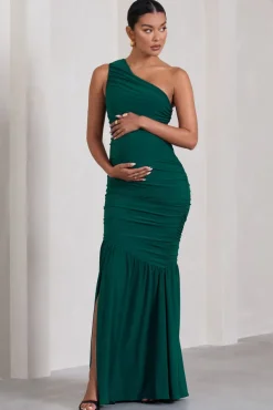 Make My Day | Bottle Green One-Shoulder Ruched Split Maternity Maxi Dress