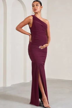 Make My Day | Burgundy One-Shoulder Ruched Split Maternity Maxi Dress