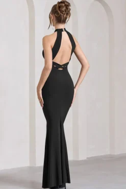 Malika | Black Sleeveless Halter-Neck Maxi Dress