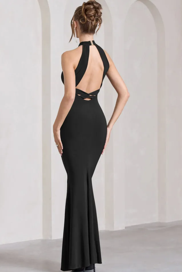 Malika | Black Sleeveless Halter-Neck Maxi Dress