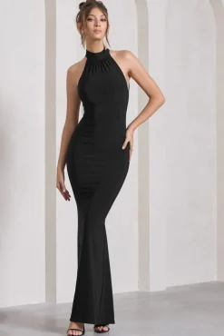 Malika | Black Sleeveless Halter-Neck Maxi Dress