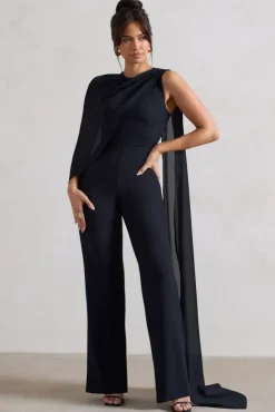 Malina | Navy Straight-Leg Jumpsuit With Chiffon Cape