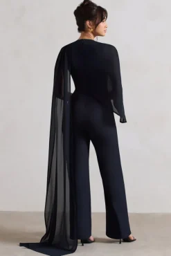 Malina | Navy Straight-Leg Jumpsuit With Chiffon Cape
