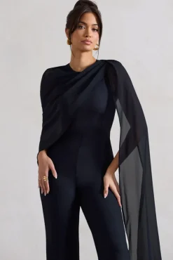 Malina | Navy Straight-Leg Jumpsuit With Chiffon Cape