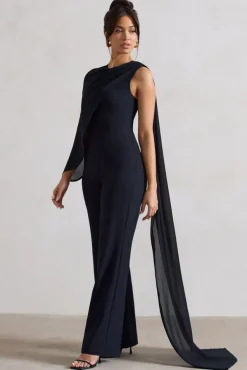 Malina | Navy Straight-Leg Jumpsuit With Chiffon Cape
