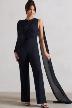 Malina | Navy Straight-Leg Jumpsuit With Chiffon Cape