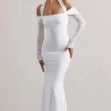 Malisha | White Halter-Neck Long-Sleeve Fishtail Maxi Dress