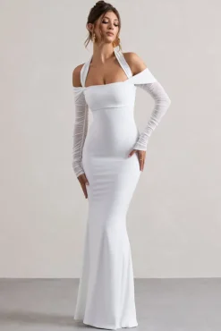 Malisha | White Halter-Neck Long-Sleeve Fishtail Maxi Dress