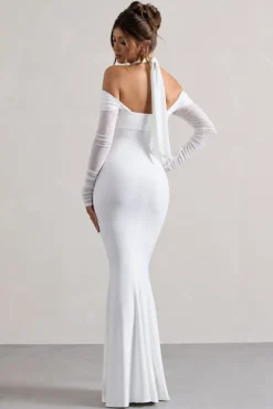 Malisha | White Halter-Neck Long-Sleeve Fishtail Maxi Dress