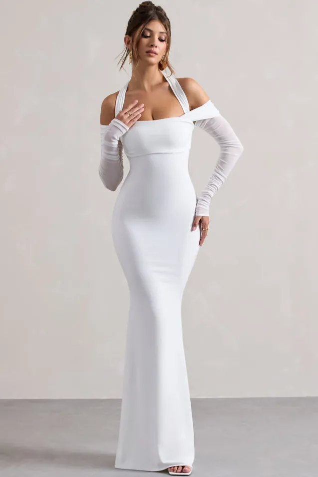 Malisha | White Halter-Neck Long-Sleeve Fishtail Maxi Dress
