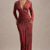 Mamba | Red Snake Print Plunge-Neck Long-Sleeve Maxi Dress