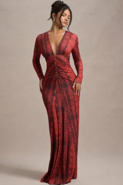 Mamba | Red Snake Print Plunge-Neck Long-Sleeve Maxi Dress