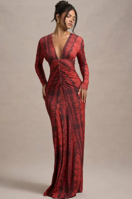 Mamba | Red Snake Print Plunge-Neck Long-Sleeve Maxi Dress