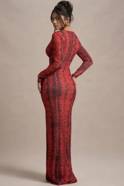 Mamba | Red Snake Print Plunge-Neck Long-Sleeve Maxi Dress